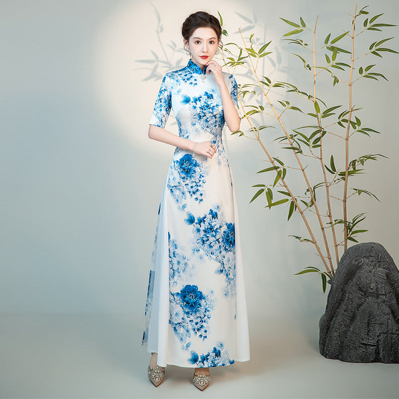 Half Sleeves Cheongsam Top Vietnamese AO Dai Dress Floral Dress Includes Loose Pants Blue / M Half Sleeves Cheongsam Top Vietnamese AO Dai Dress Floral Dress Includes Loose Pants Blue / M