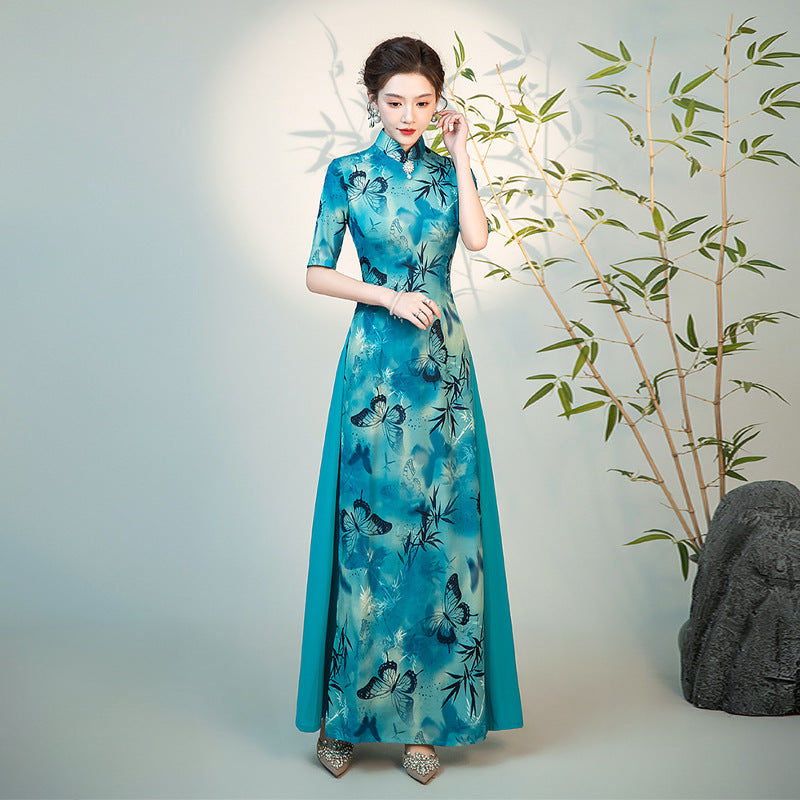 Half Sleeves Cheongsam Top Vietnamese Ao Dai Dress Floral Dress includes Loose Pants Blue / L Half Sleeves Cheongsam Top Vietnamese Ao Dai Dress Floral Dress includes Loose Pants Blue / L