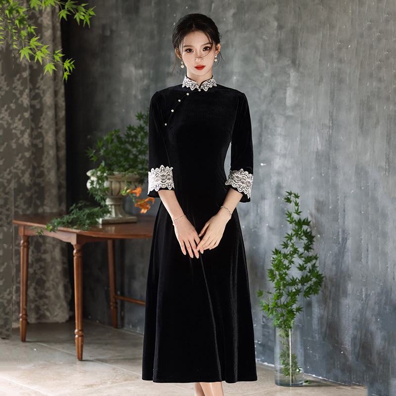 Velvet Slim-Fit Modern Chinese Style Qipao Dress - Long Sleeve Autumn Winter Wear Black / L Velvet Slim-Fit Modern Chinese Style Qipao Dress - Long Sleeve Autumn Winter Wear Black / L