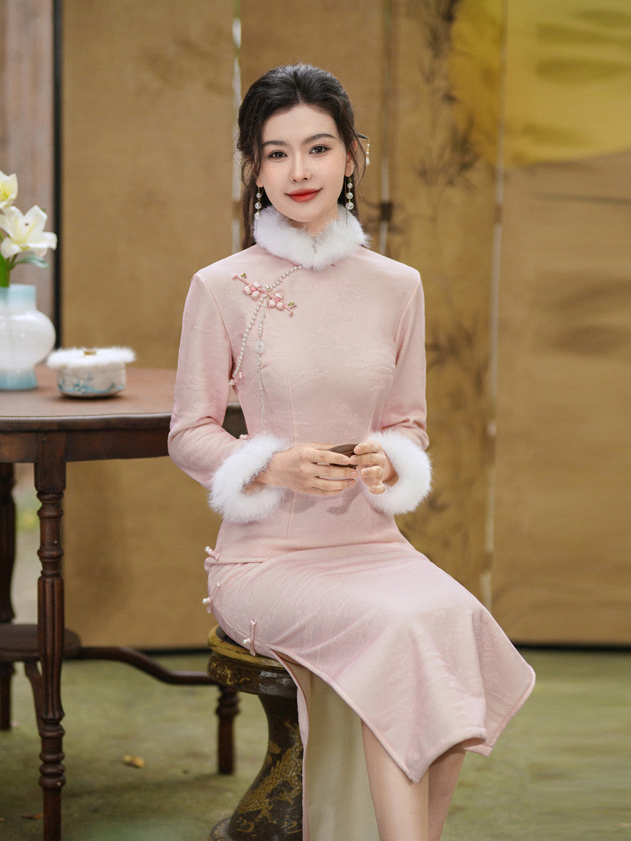 New Chinese Style Pink Quilted Qipao Dress for Women
