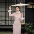 Chinese Style Pink Quilted Qipao Dress with Cloud Pattern - Long Sleeve Winter Cheongsam for Women