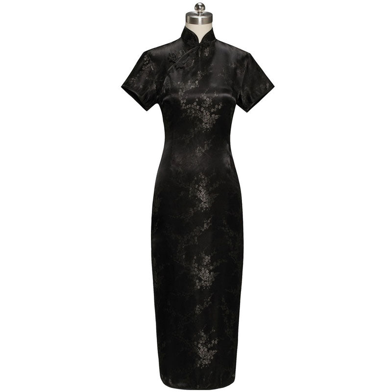 Short Sleeve Brocade Traditional Cheongsam Floral Chinese Dress Black / 6XL Short Sleeve Brocade Traditional Cheongsam Floral Chinese Dress Black / 6XL