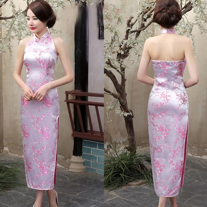 Backless Brocade Cheongsam Floral Chinese Dress Evening Gown