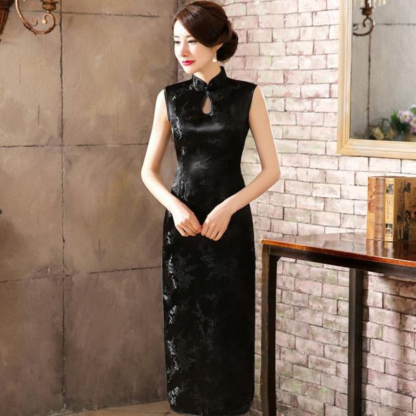Sleeveless Brocade Traditional Cheongsam Floral Chinese Dress Black / XXL Sleeveless Brocade Traditional Cheongsam Floral Chinese Dress Black / XXL