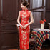 Vestido chino cheongsam sin mangas con estampado de dragón y fénix de brocado
