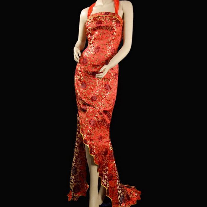 Strapless Auspicious Pattern Mermaid Chinese Wedding Dress Sweep Train
