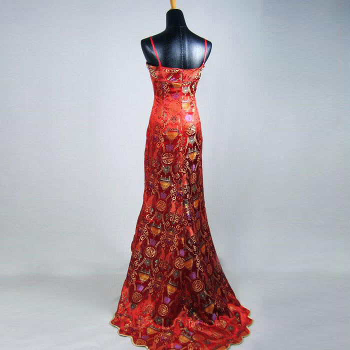 Spaghetti Straps Auspicious Pattern Mermaid Chinese Wedding Dress Sweep Train