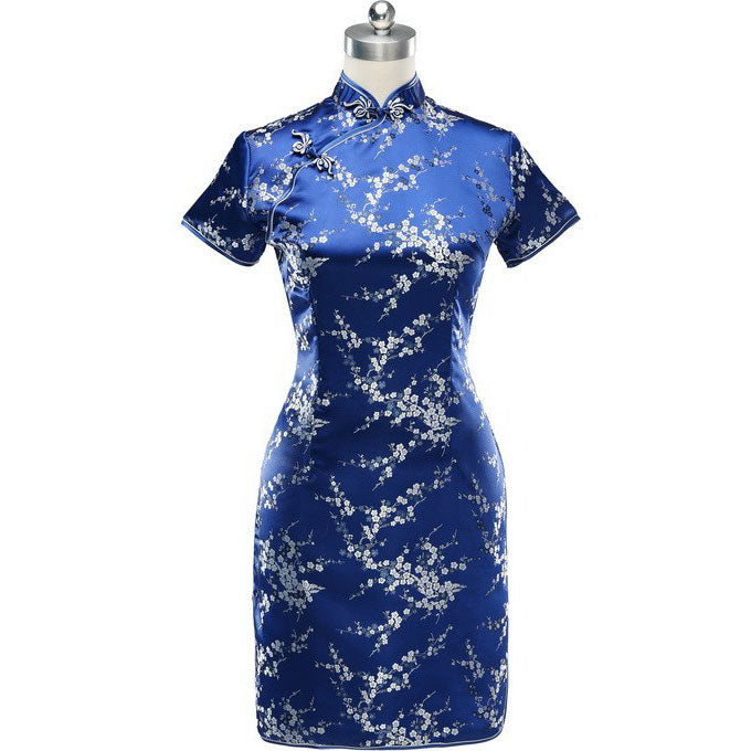 Short Sleeve Brocade Cheongsam Mini Floral Chinese Dress Navy / XXL Short Sleeve Brocade Cheongsam Mini Floral Chinese Dress Navy / XXL