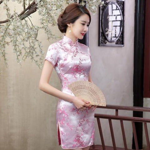 Short Sleeve Brocade Cheongsam Mini Floral Chinese Dress – IDREAMMART