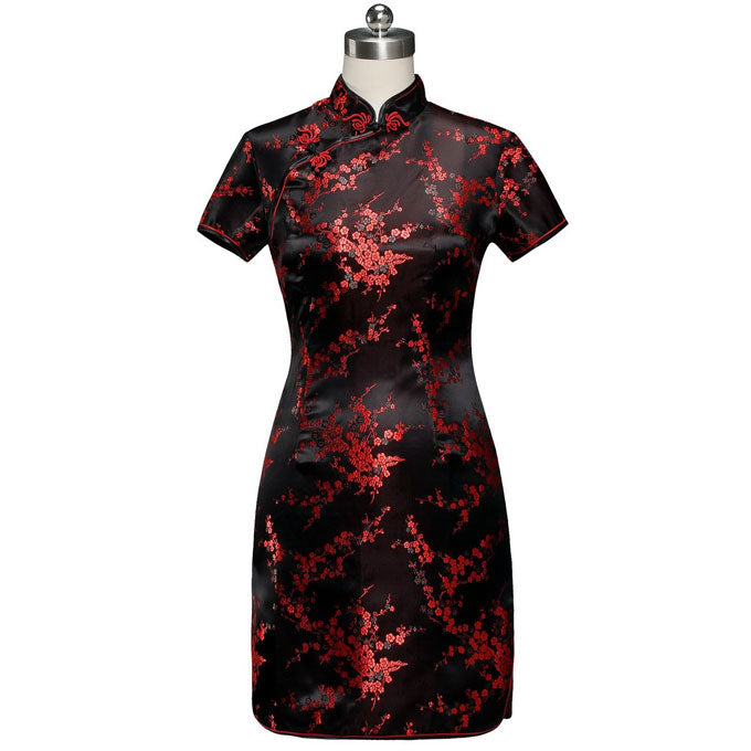 short asian dress Women Gold Dragon Short Qipao Dress Chinese Traditional Silk Satin Cheongsam