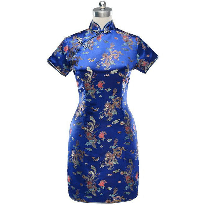 Brocade Dragon & Phoenix Pattern Cheongsam Mini Chinese Dress Navy / XXL Brocade Dragon & Phoenix Pattern Cheongsam Mini Chinese Dress Navy / XXL