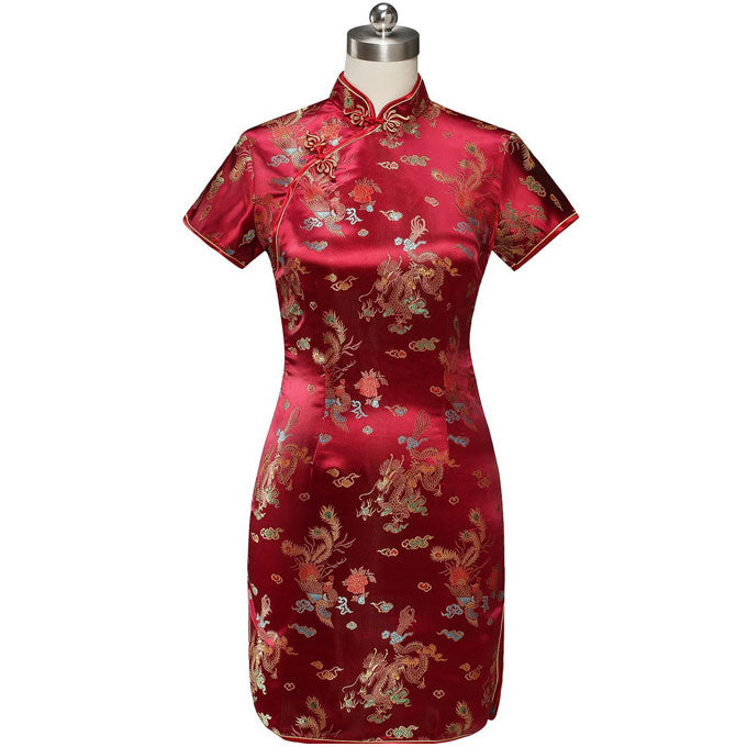 Brocade Dragon & Phoenix Pattern Cheongsam Mini Chinese Dress Burgundy / M Brocade Dragon & Phoenix Pattern Cheongsam Mini Chinese Dress Burgundy / M