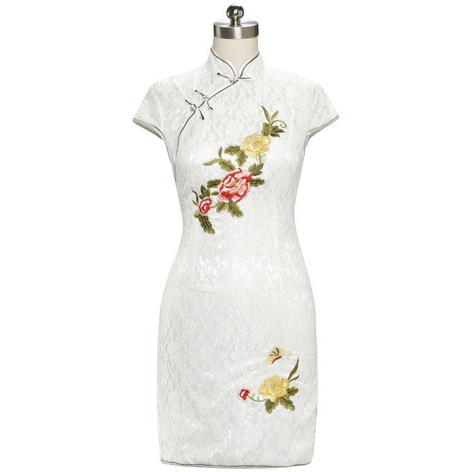 Lace Cheongsam Mini Chinese Dress Floral Embroidery