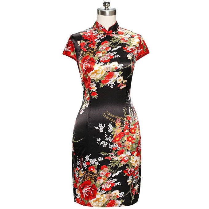 Cap Sleeve Rayon Cheongsam Floral Mini Chinese Dress