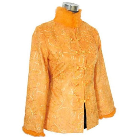 Fur Collar & Cuff Floral Embroidery Leather Chinese Jacket