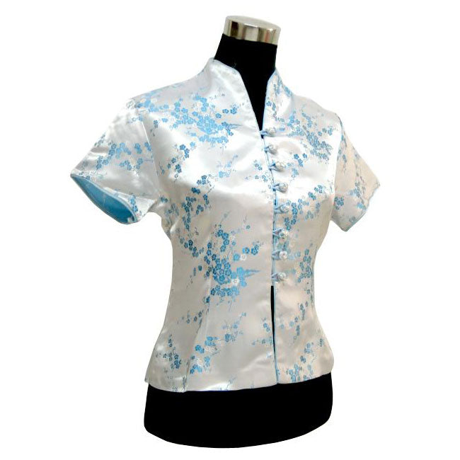 Short Sleeve V Neck Brocade Chinese Shirt