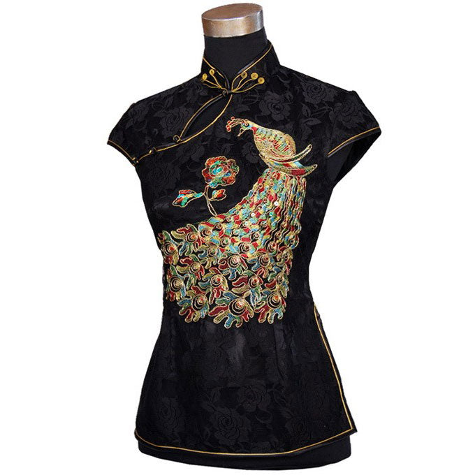 Peacock Embroidery Mandarin Collar Lace Chinese Shirt