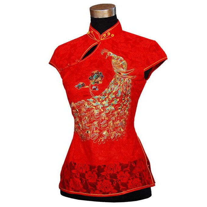 Peacock Embroidery Mandarin Collar Lace Chinese Shirt