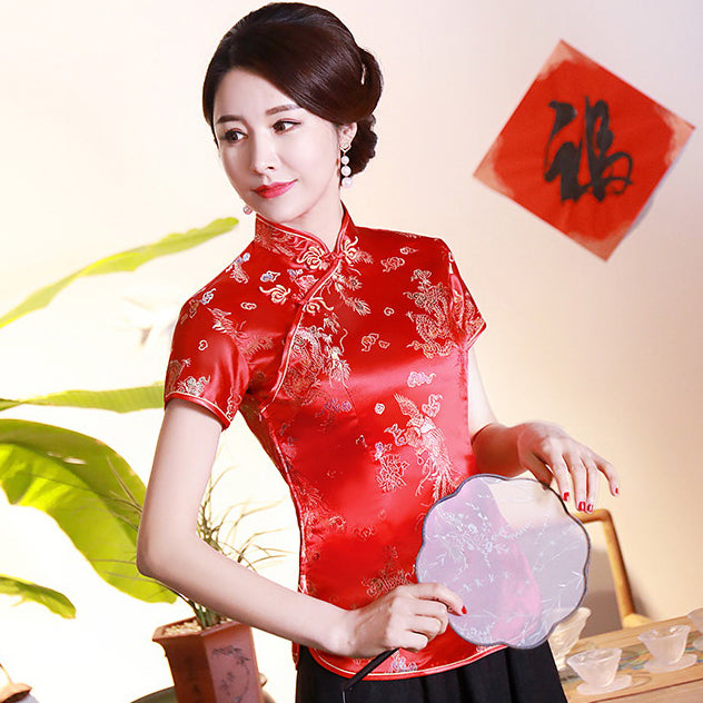 Short Sleeve Dragon & Phoenix Pattern Brocade Chinese Shirt