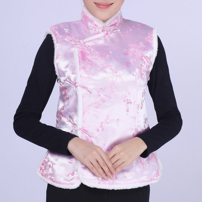 Floral Brocade Chinese Waistcoat with Fur Edge