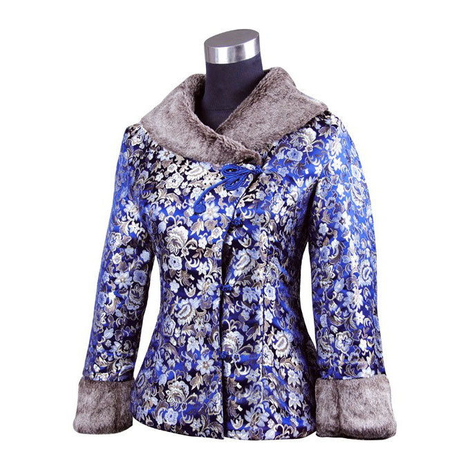 Fur Collar & Cuff Brocade Traditional Chinese Wadded Jacket