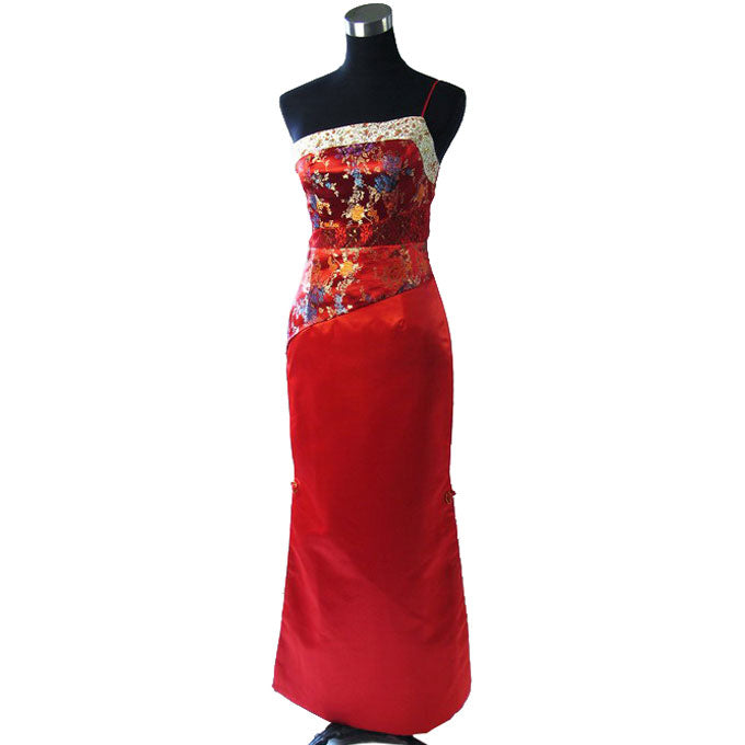One Shoulder Strap Brocade & Satin Chinese Wedding Dress