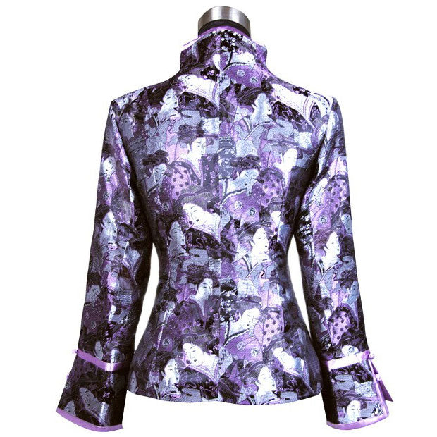 Geisha Faces Pattern Brocade Chinese Jacket with Butterfly Button