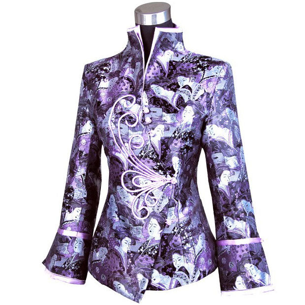 Geisha Faces Pattern Brocade Chinese Jacket with Butterfly Button