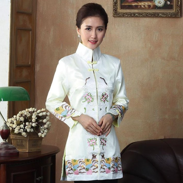 Stand Collar Floral Embroidery Silk Blend Chinese Wind Coat
