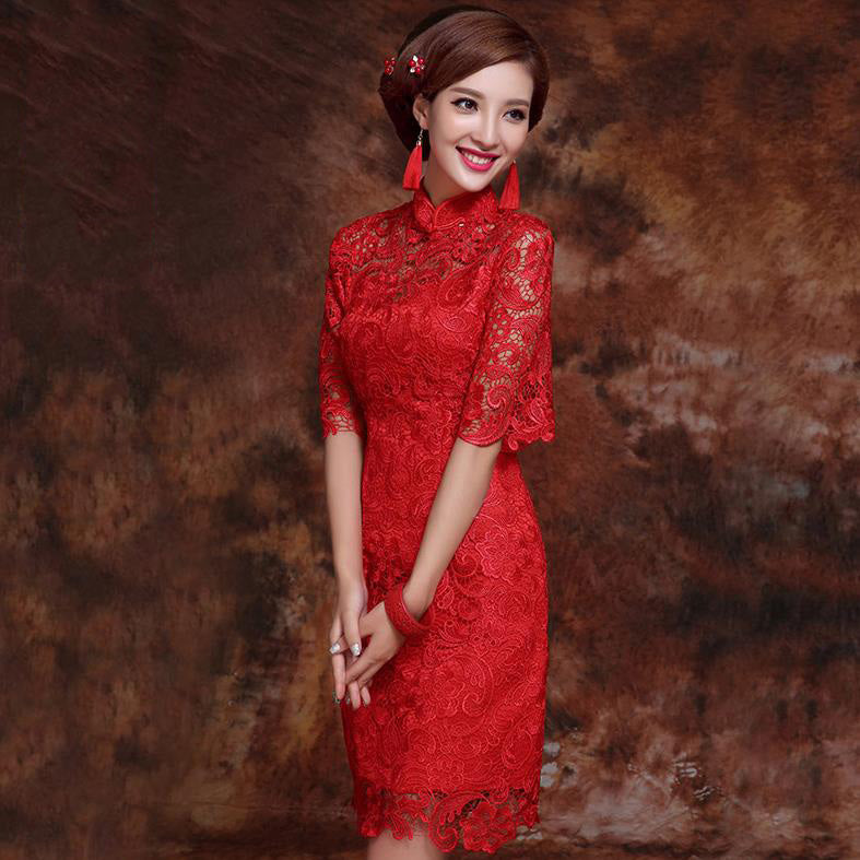 Mandarin Collar Illusion Neck Lace Chinese Wedding Party Dress Mandarin Collar Illusion Neck Lace Chinese Wedding Party Dress