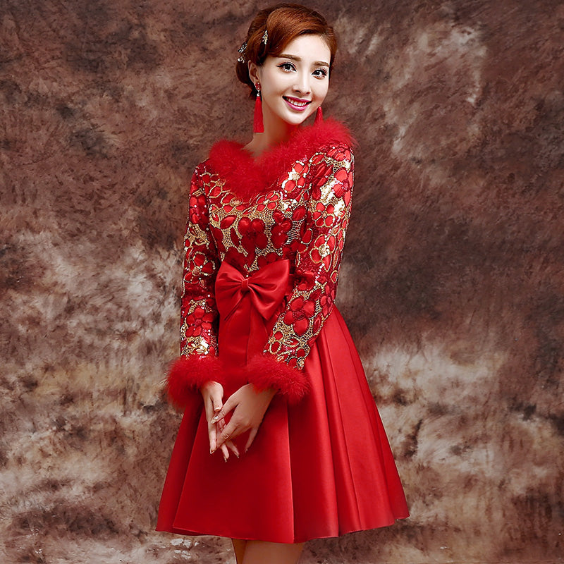 Brocade Top Satin Skirt Chinese Wedding Party Dress with Fur Neck & Cuff