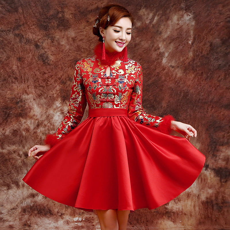 Long Sleeve Brocade Top Satin Skirt Chinese Wedding Party Dress
