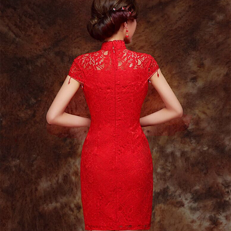 Mandarin Collar Cap Sleeve Lace Chinese Wedding Party Dress