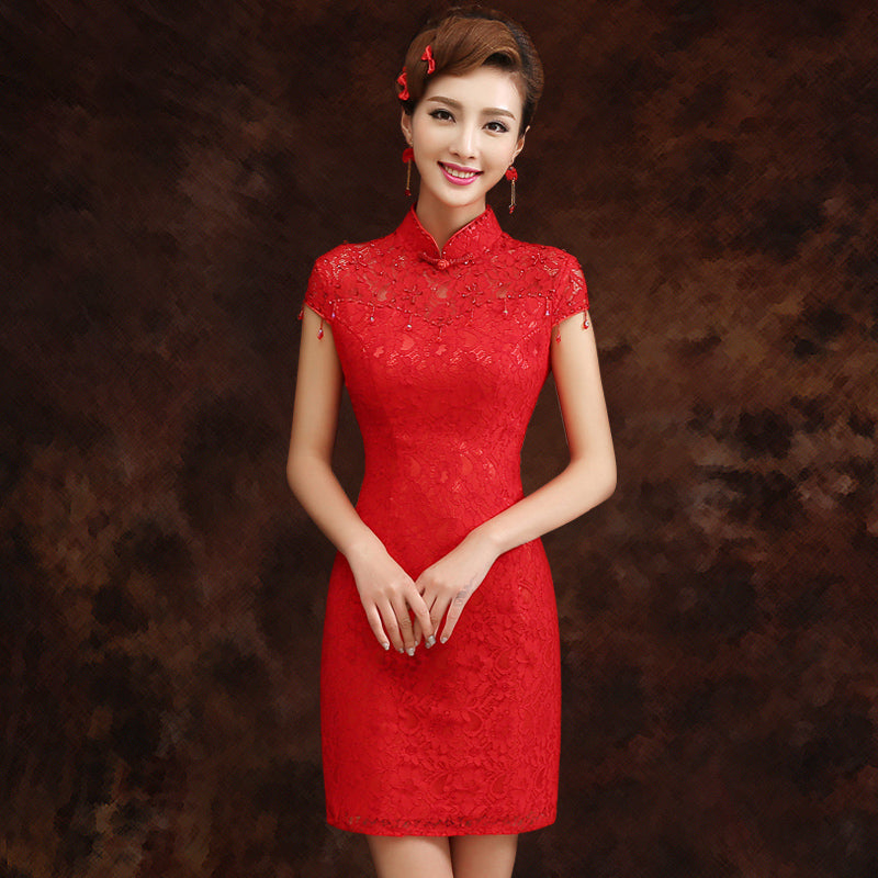 Mandarin Collar Cap Sleeve Lace Chinese Wedding Party Dress