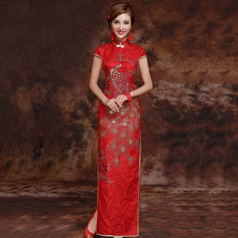 Phoenix Embroidery Brocade Cheongsam Chinese Wedding Dress