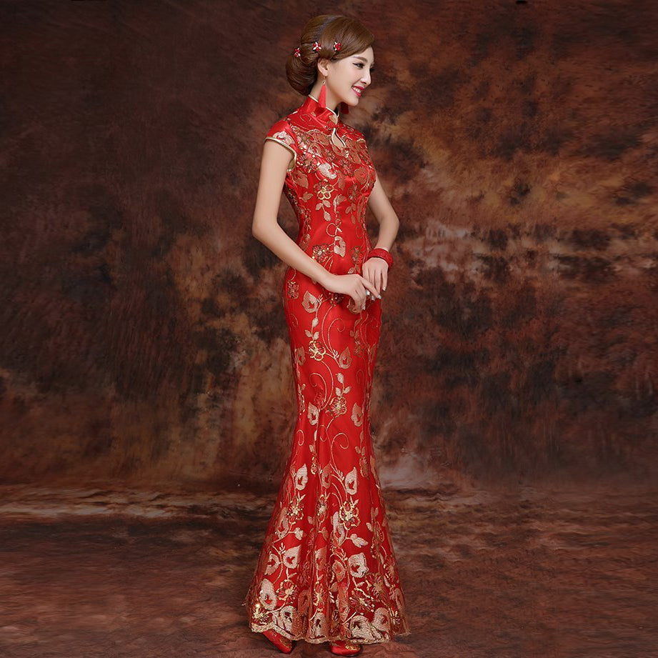 Key Hole Neck Mermaid Brocade Chinese Wedding Dress – IDREAMMART