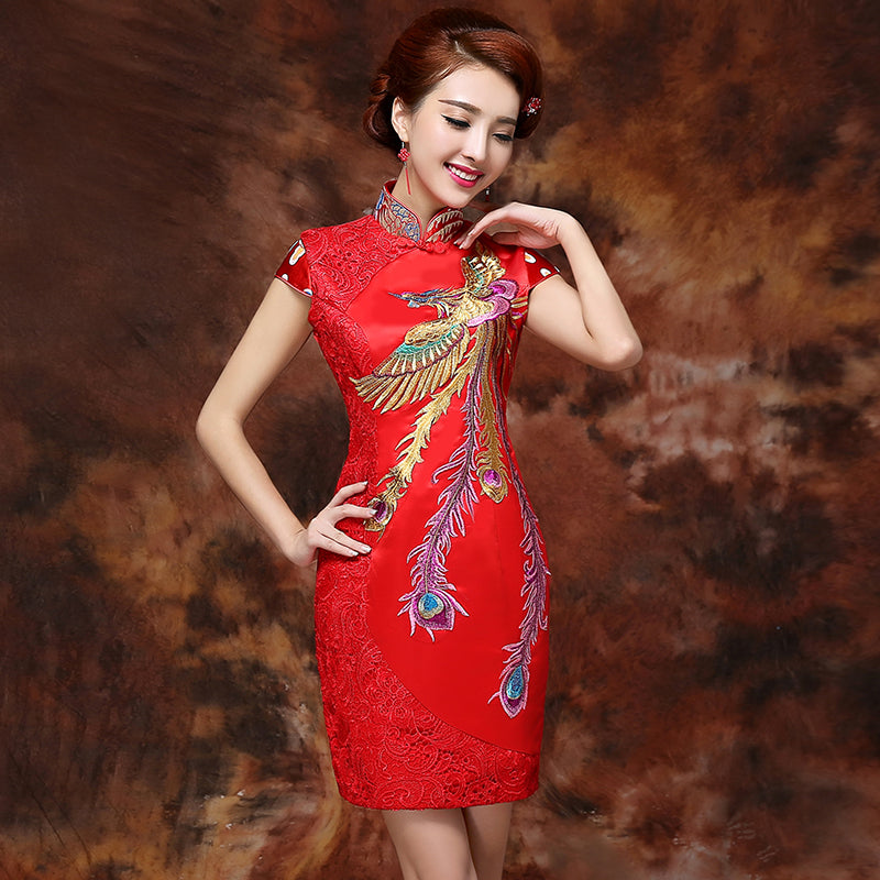 Phoenix Embroidery Lace Applique Knee Length Chinese Wedding Dress