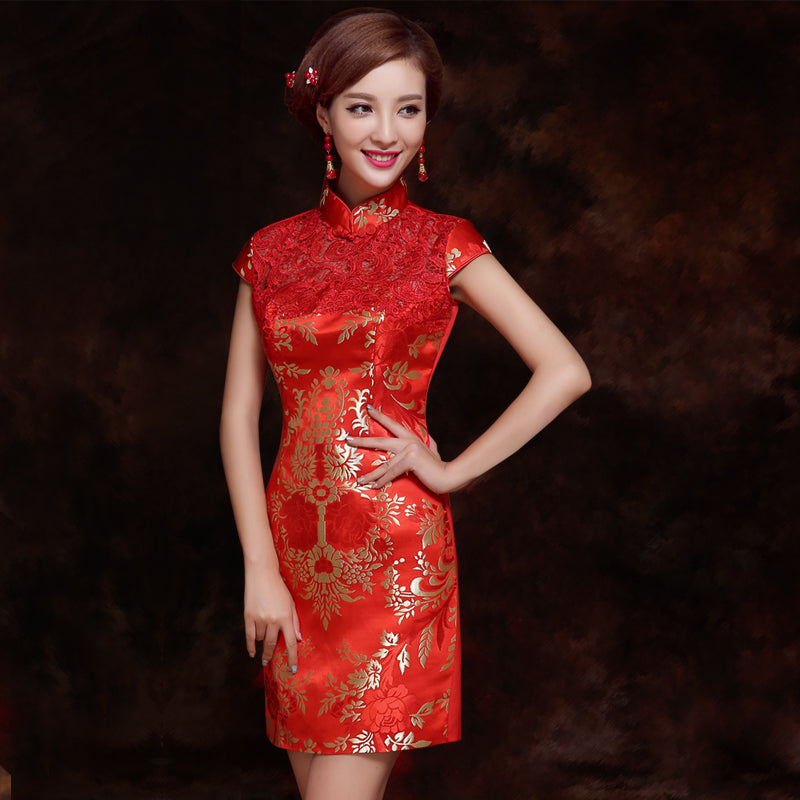 Lace Neck Floral Brocade Knee Length Cheongsam Chinese Wedding Dress