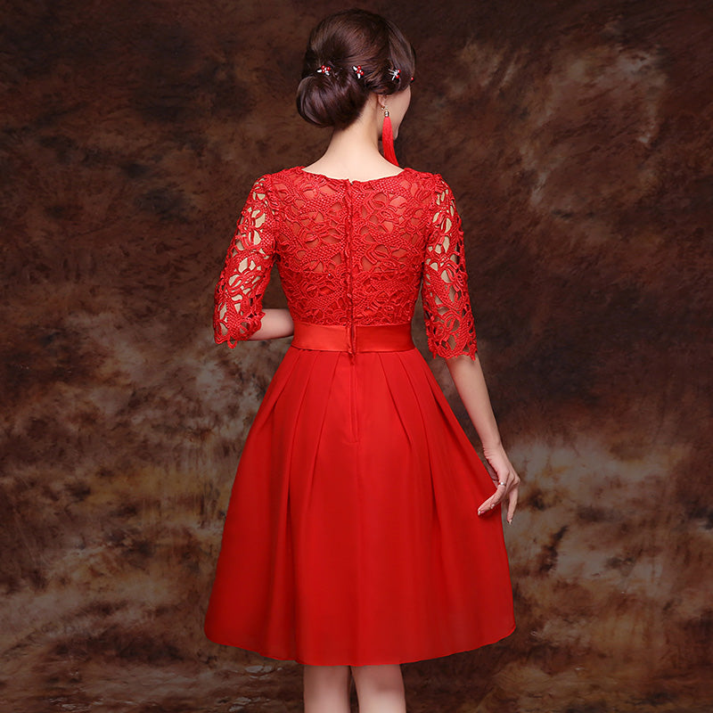 Half Sleeve Lace Top Chiffon Skirt Chinese Wedding Dress