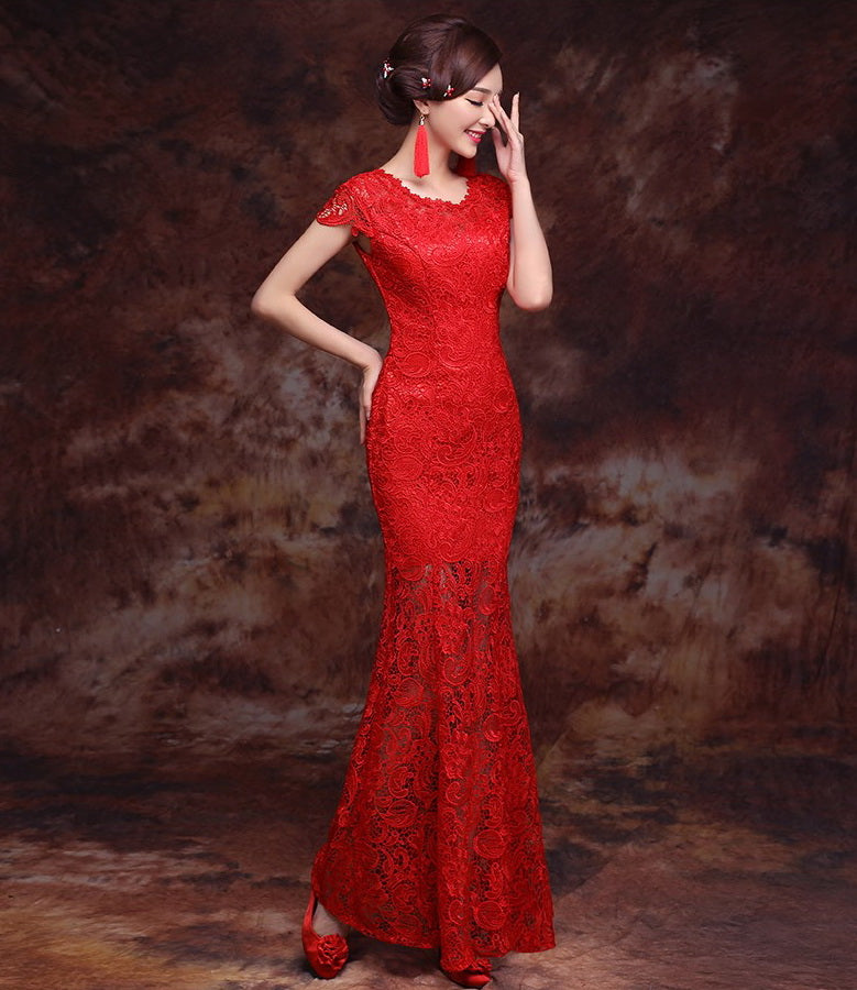 Round Neck Cap Sleeve Mermaid Chinese Wedding Dress