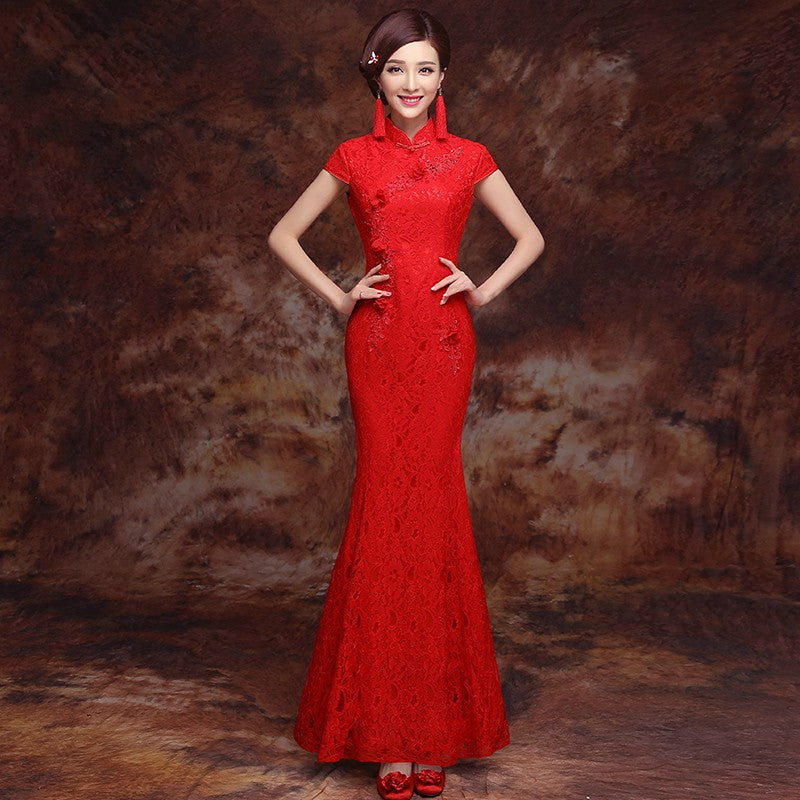 Cap Sleeve Bodycon Lace Chinese Wedding Party Dress