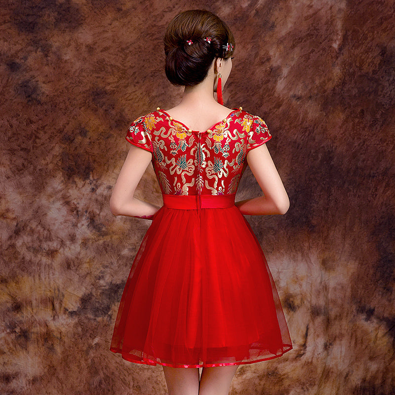 Brocade Top Tulle Skirt Chinese Wedding Dress with Bowknot