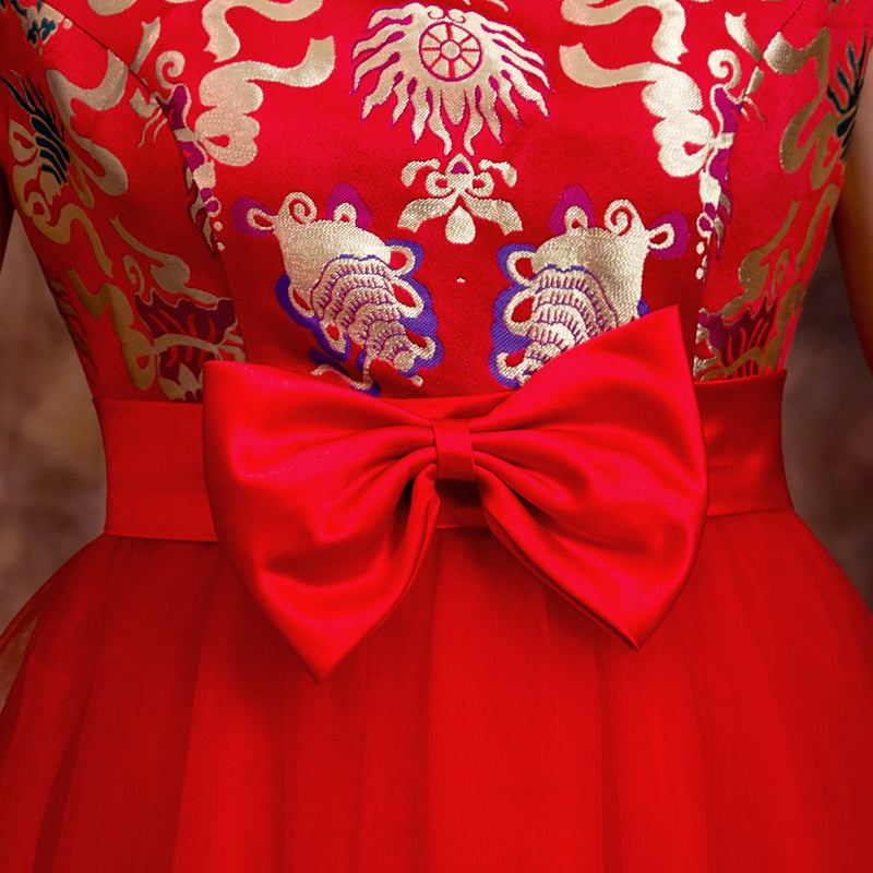 Brocade Top Tulle Skirt Chinese Wedding Dress with Bowknot