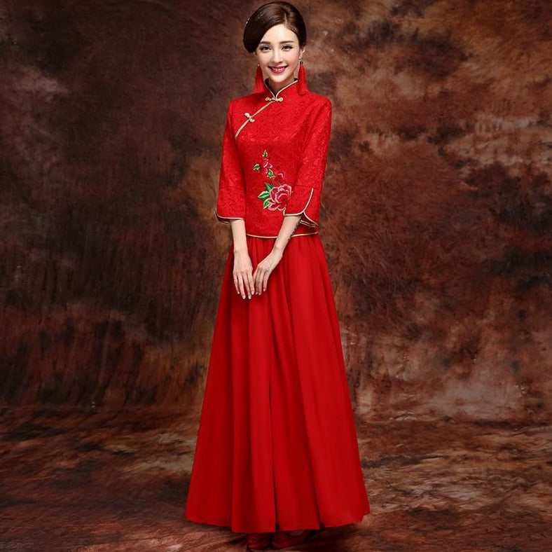 Lace Cheongsam Top Chiffon Skirt Chinese Wedding Dress Red / XL Lace Cheongsam Top Chiffon Skirt Chinese Wedding Dress Red / XL