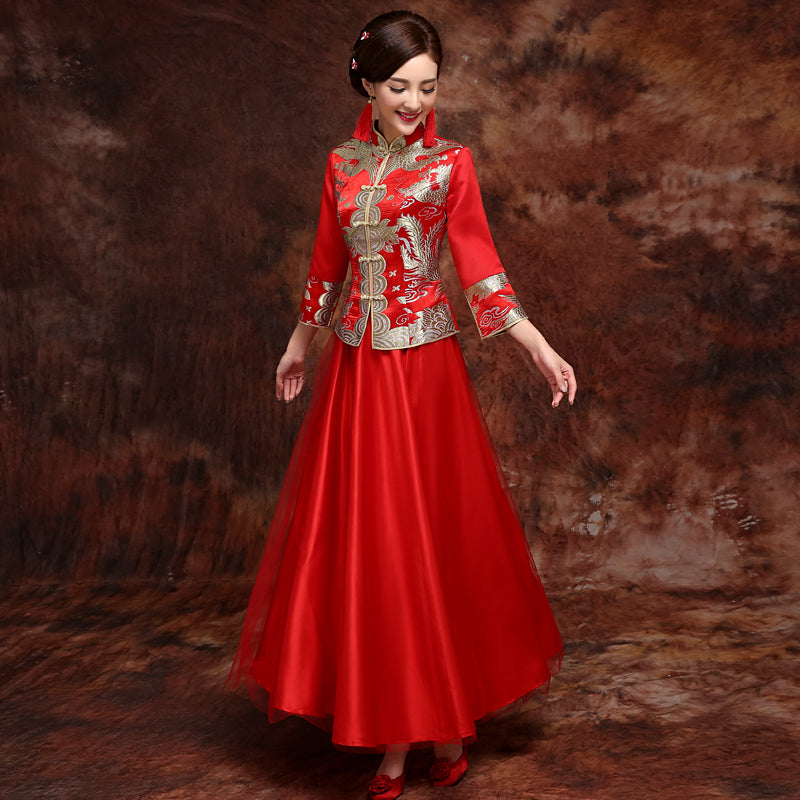 Dragon & Phoenix Pattern Long Sleeve Top Chinese Wedding Dress