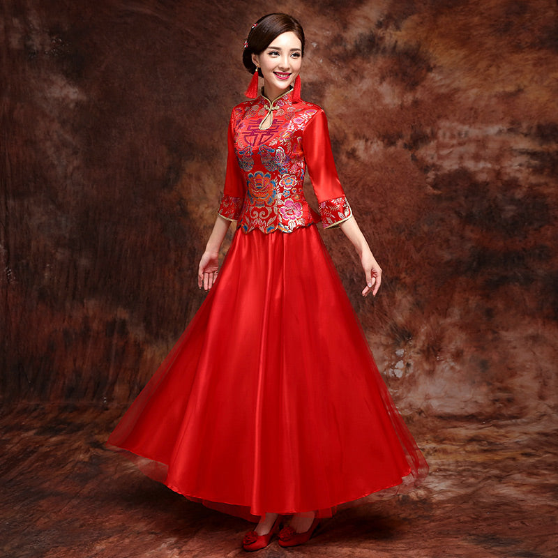 Mandarin Duck Pattern Long Sleeve Top Chinese Wedding Dress