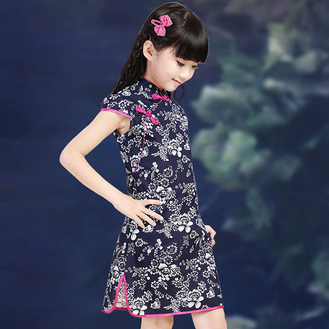 Cap Sleeve Kid's Cheongsam Floral Qipao Dress