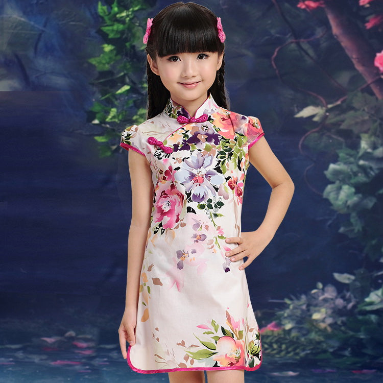 Cap Sleeve Mini Kid's Cheongsam Floral Qipao Dress
