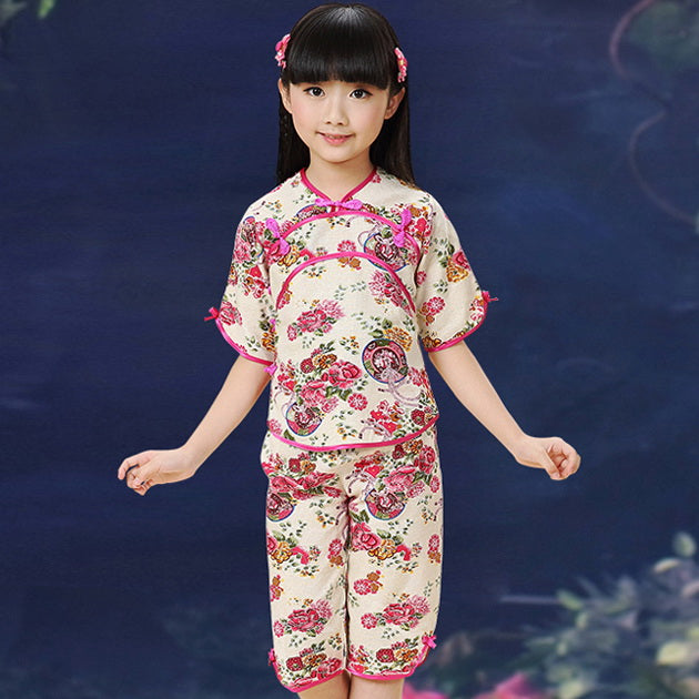 Traditional Floral Girl's Chinese Suit with Half Sleeves