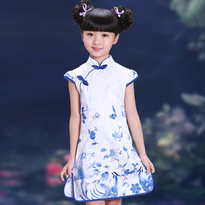 Knee Length Floral Brocade Girl's Cheongsam Chinese Dress